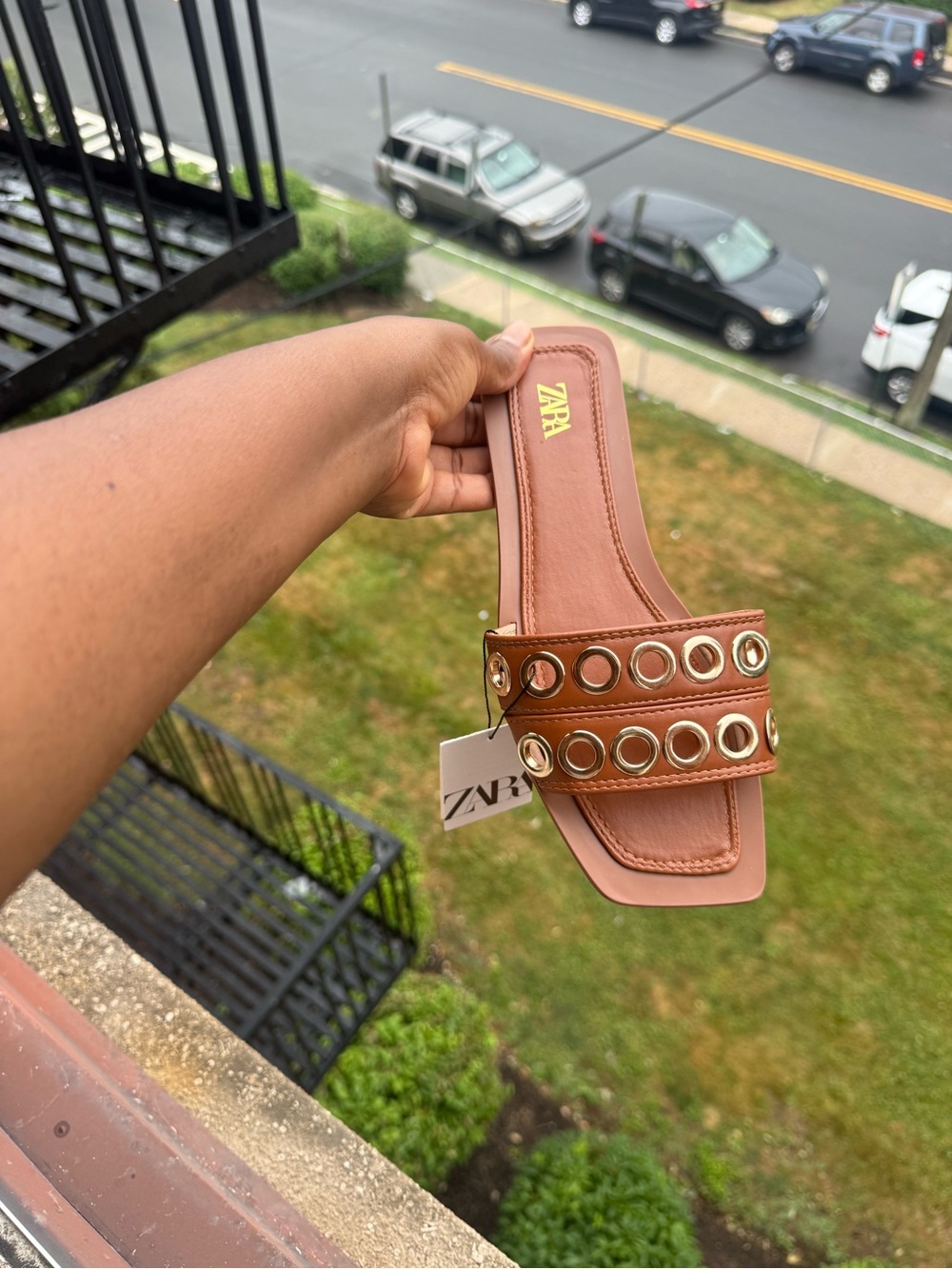 ZARA Tan Brown Slide Sandals with Gold Grommet Straps